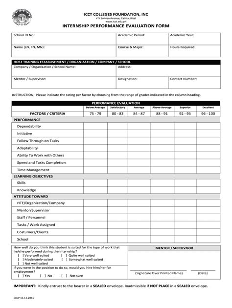 www.icct.edu.ph under the internship menu|Internship (Sip) Performance Evaluation Form: Icct Colleges.
